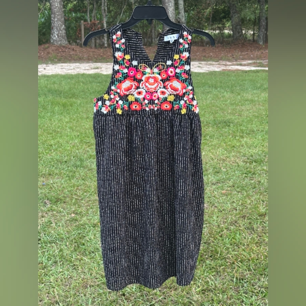THML Black Dress with Vibrant Floral Embroidery